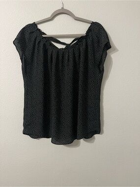 Black Polka Dot Short Sleeve Peasant Blouse with Back Tie